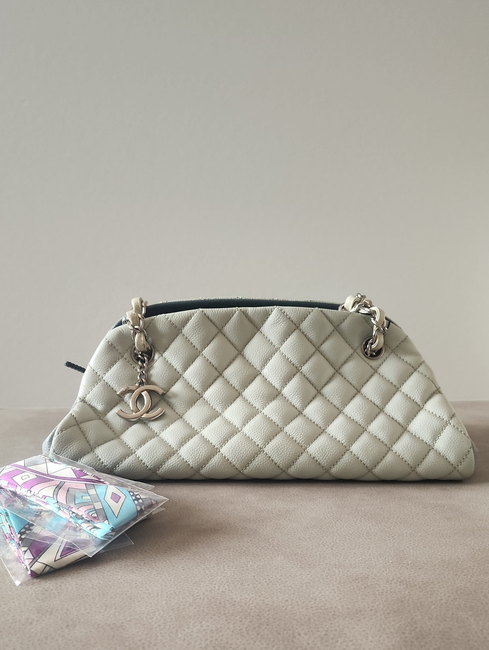 Authentic Chanel Just Mademoiselle Quilted Lambskin/Caviar Bowling Bag
